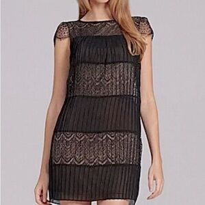 Max and Cleo Sabrina Lace Cutout Dress Black Pleated Cap Sleeves Boatneck XL